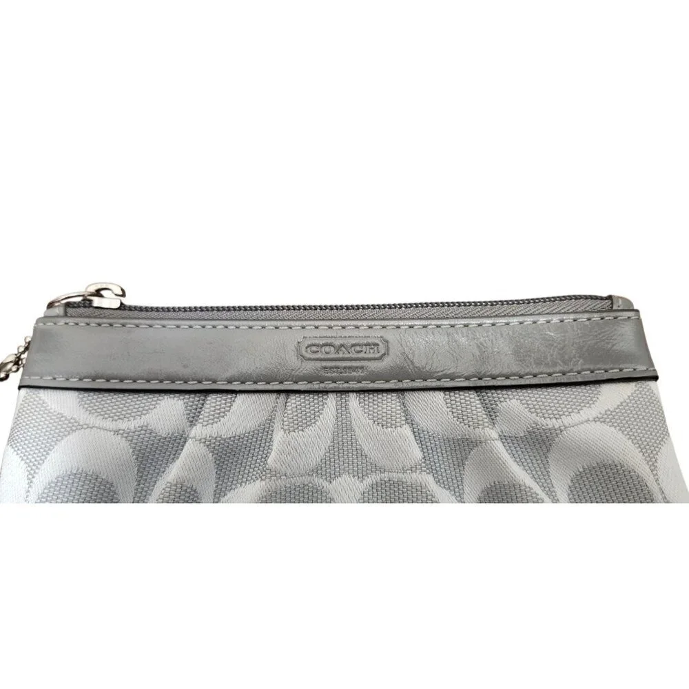 Coach Signature Wristlet Pouch Gray Canvas Leather Trim Small Clutch Wallet